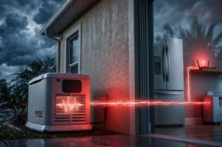 A home generator powers a refrigerator, router, and medical device during a storm.