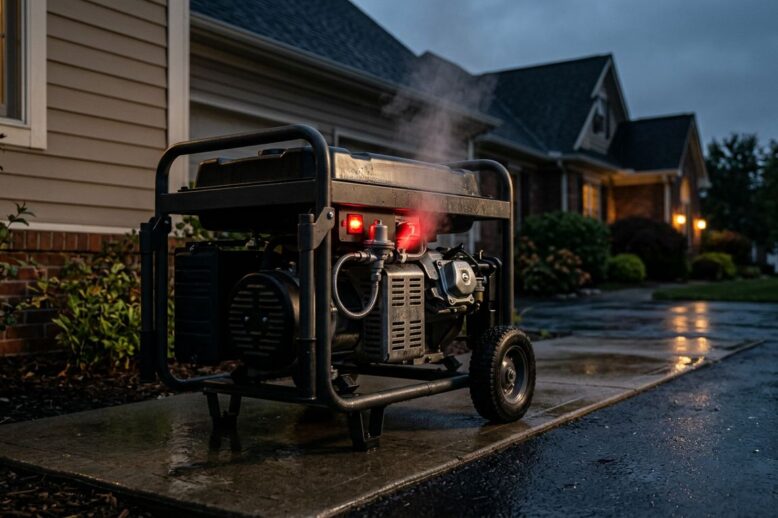 A standby generator beside a house with vapor near its fuel connection.