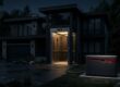 An open home elevator glows beside a standby generator during a nighttime outage.