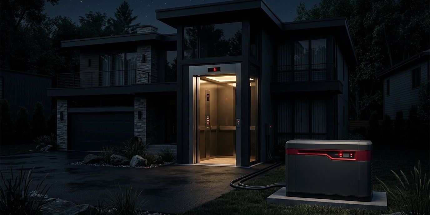 Whole-House Generator And Elevator An open home elevator glows beside a standby generator during a nighttime outage.