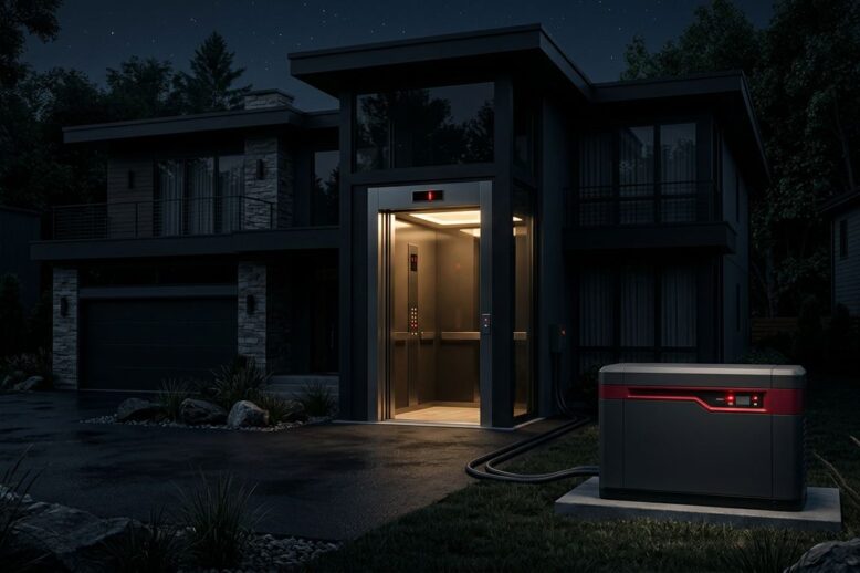 An open home elevator glows beside a standby generator during a nighttime outage.