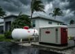 A propane tank and standby generator beside a Florida home during a storm.