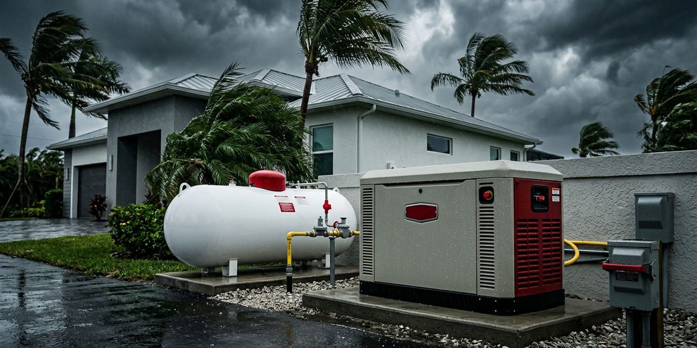 A propane tank and standby generator beside a Florida home during a storm.