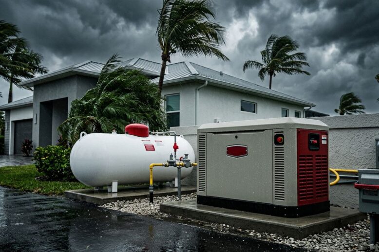 Florida Generator Propane Tank A propane tank and standby generator beside a Florida home during a storm.