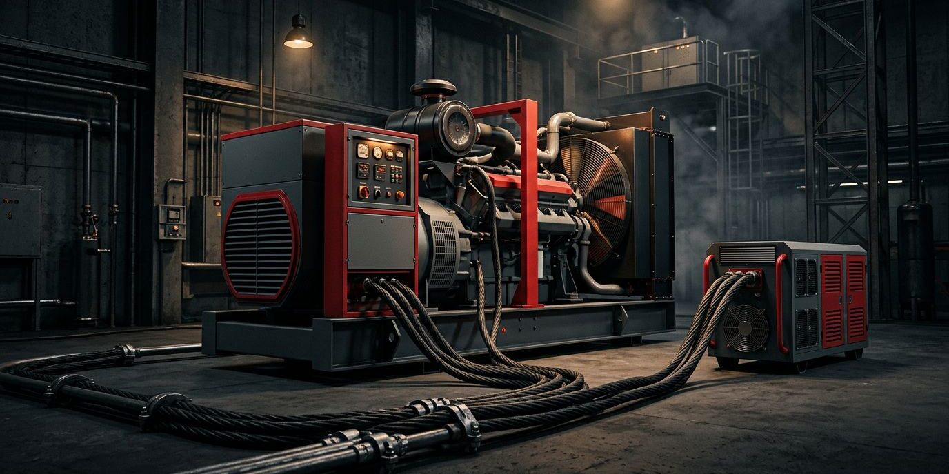 Industrial Generator Load Test Red diesel generator connected to a portable load bank with cables in an industrial facility.