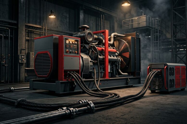 Industrial Generator Load Test Red diesel generator connected to a portable load bank with cables in an industrial facility.
