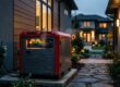 A standby generator runs beside a modern house with outdoor lights glowing.