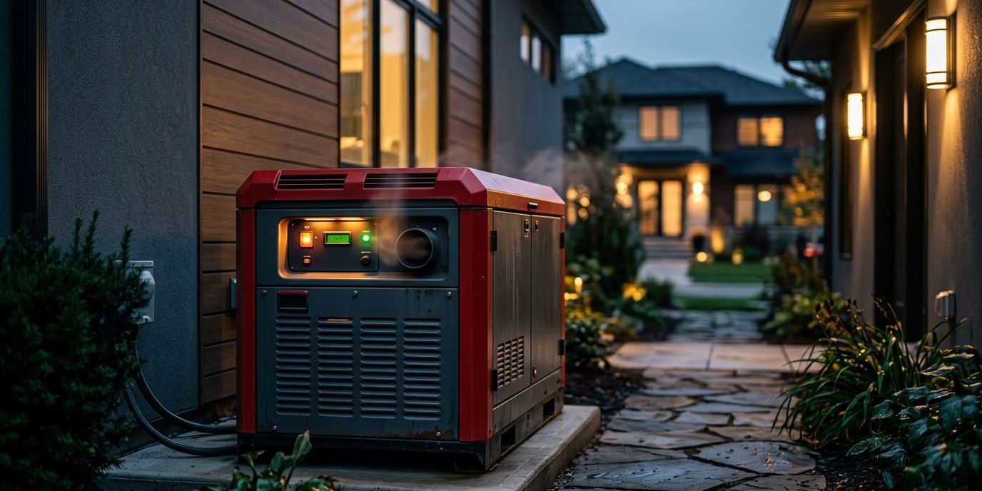 A standby generator runs beside a modern house with outdoor lights glowing.