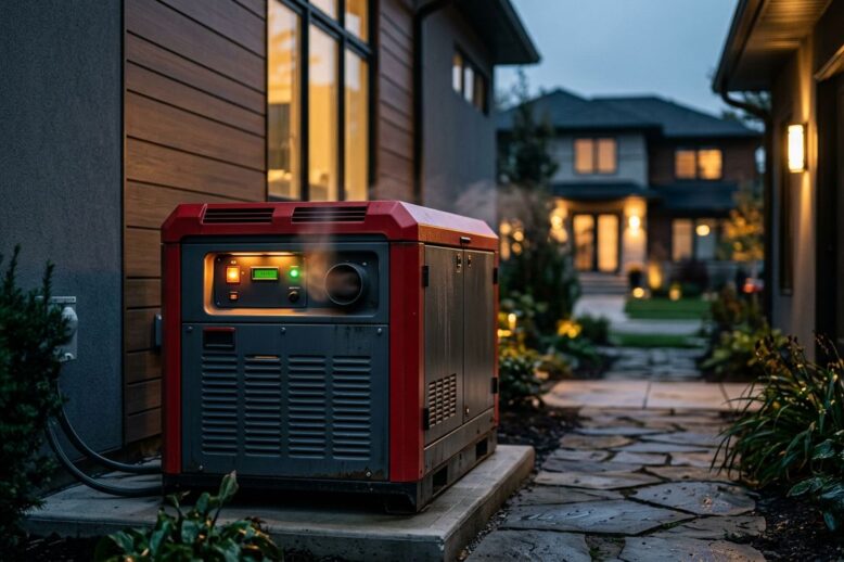 Standby Generator At Dusk A standby generator runs beside a modern house with outdoor lights glowing.