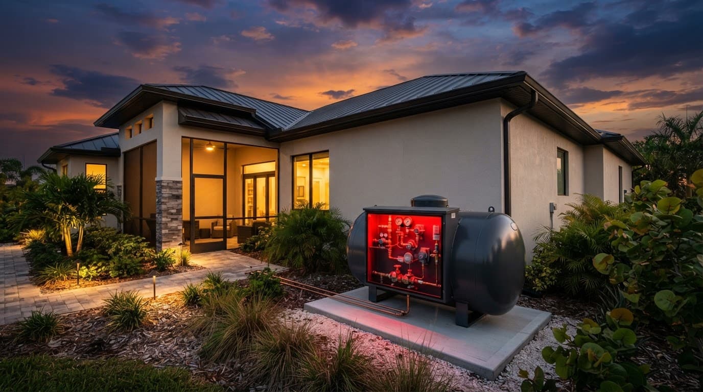 Florida home at twilight with outdoor propane fuel storage.