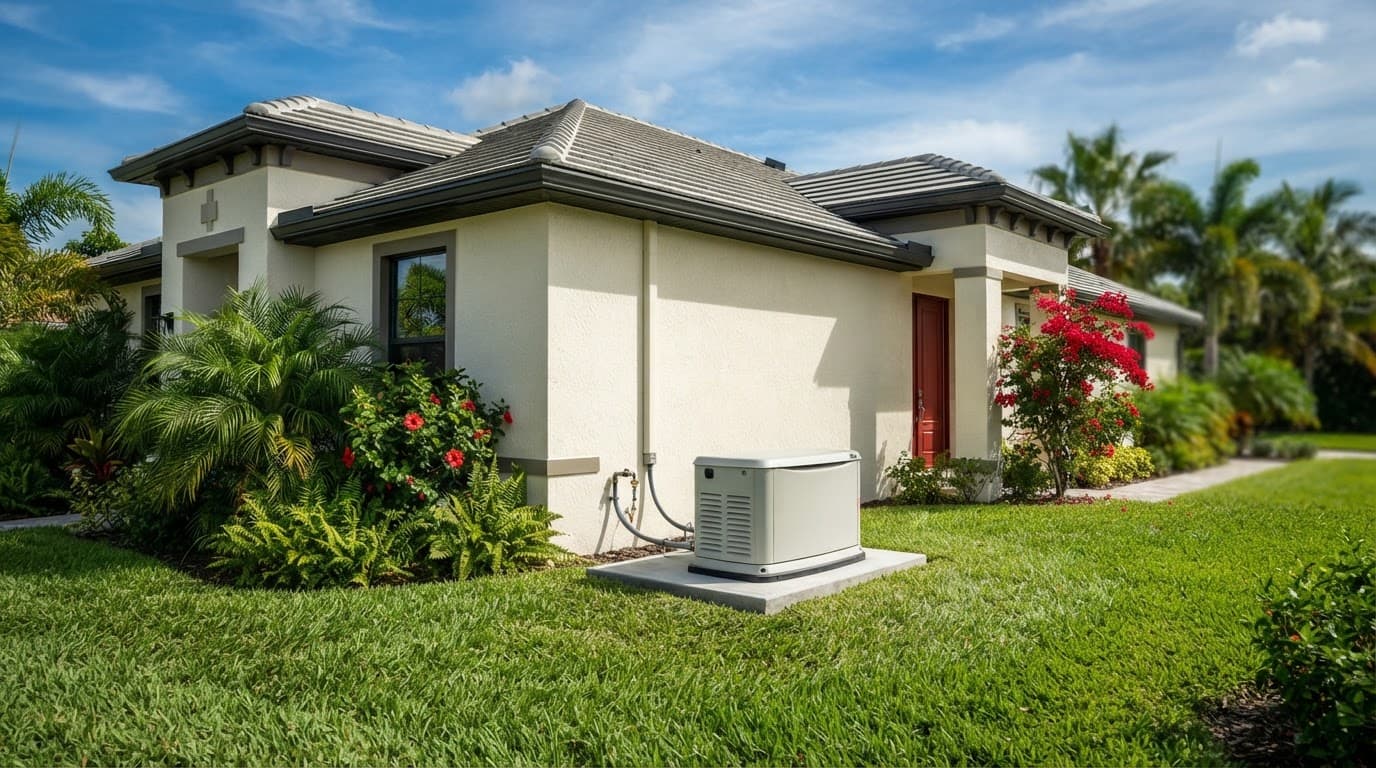 Residential standby generator beside a modern home with a green lawn.