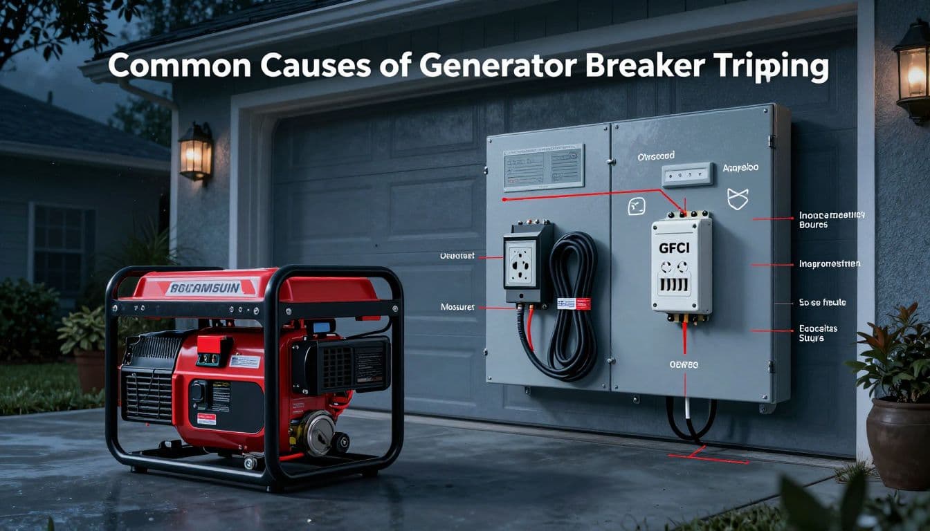 Generator safety diagram showing a portable generator, home connection, and highlighted electrical fault locations.