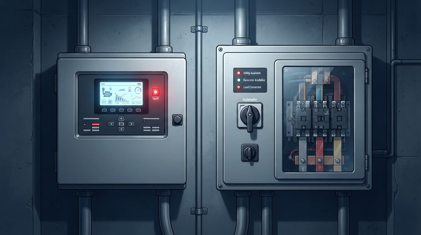 Generator controls and switching equipment illustrate protected circuits.