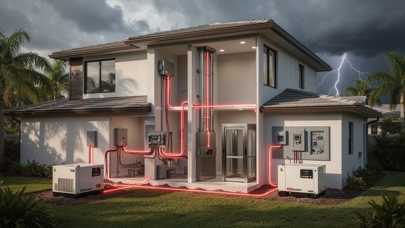 Cutaway home showing a generator powering an indoor elevator.