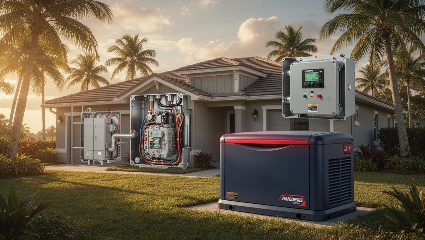 A standby home generator installed beside a house.