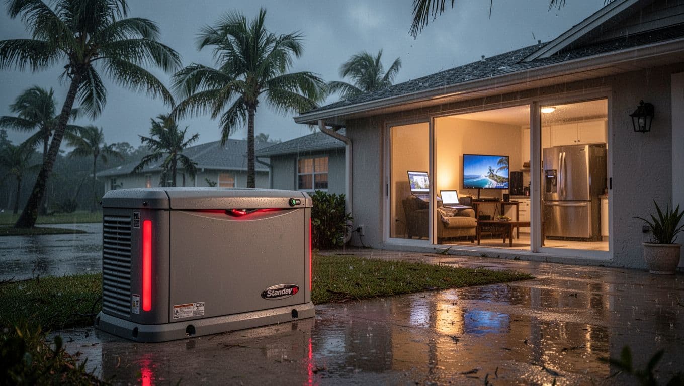 Generator frequency protection outside a warmly lit Florida home after a storm.