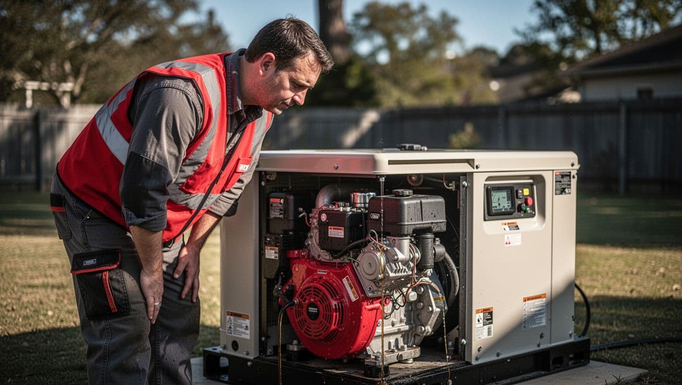 Fuel odor: a technician inspects an outdoor generator in dramatic light.