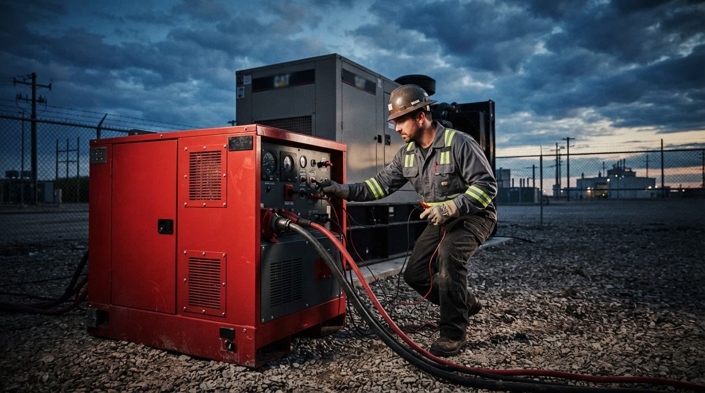 A technician performs a controlled load-bank test beside a heavy red load bank outdoors.